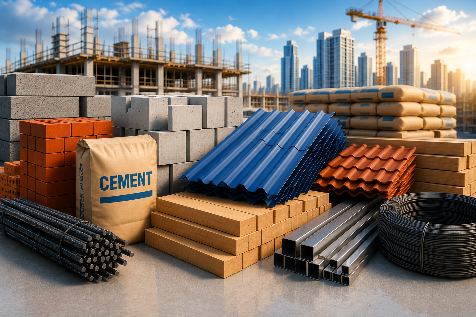 Modern construction site with building materials, cranes, and workers collaborating - representing Madad marketplace
