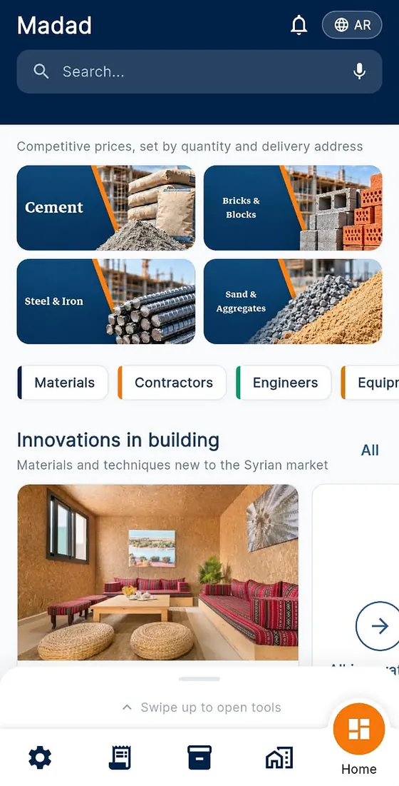 The Madad app home: search, basic materials, the five sections and building innovations
